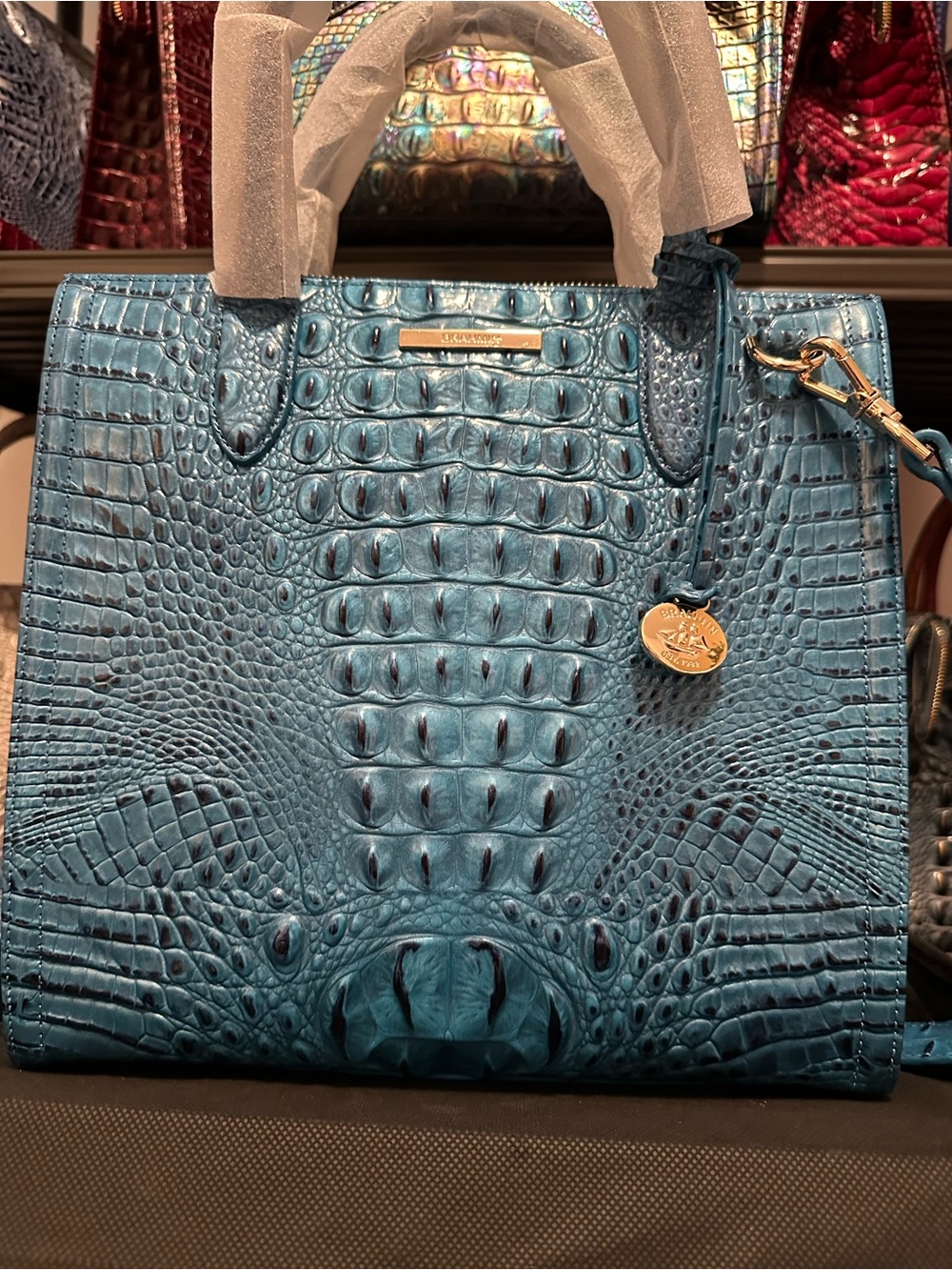 Sale Today! Brahmin Vibrant Azure Large Caroline Teal Leather Tote - Picture 5 of 13